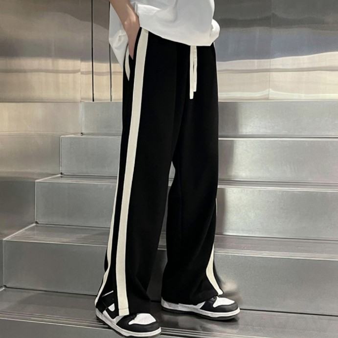 韓国 ファッション メンズシンプルファッションカジュアルスリットレギュラー丈配色なしカジュアルパンツ