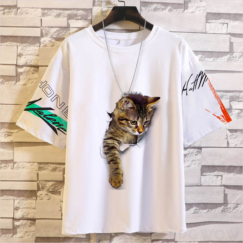 【人気 通販 おすすめ】メンズ 韓国 ファッション おしゃれ 猫 ポリエステル 半袖 シンプル 夏 ラウンドネック プルオーバー プリント 動物柄 Tシャツ・POLOシャツ