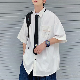 キャンパス系 韓国 男子 ファッション カジュアル キャンパス 折り襟 シングル ブレスト プリント アルファベット ボタン 五分袖シャツ