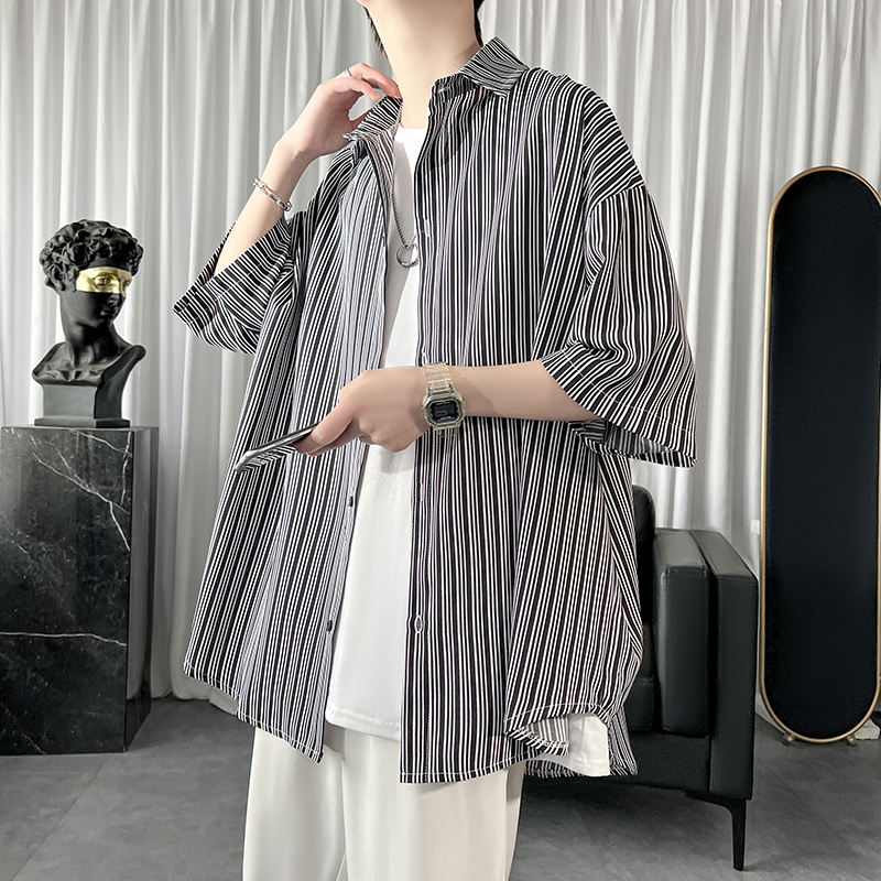  ポリエステル 韓国系   夏 折り襟 シングルブレスト 切り替え 配色 五分袖シャツ