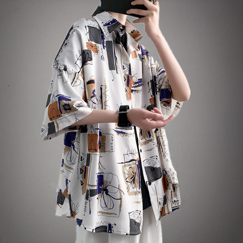 ポリエステルカジュアルレトロ一般一般夏折襟シングルブレスト配色プリントなし五分袖シャツ