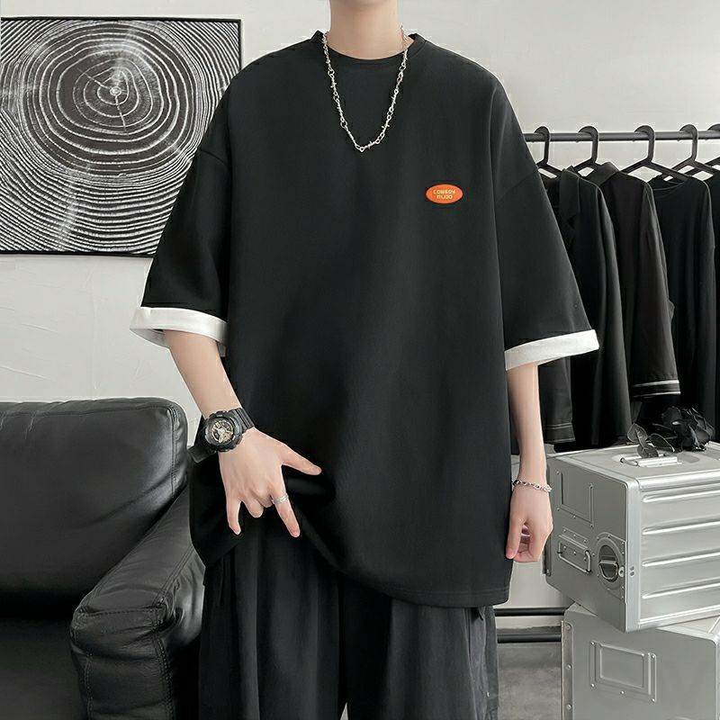  ファッション カジュアル 韓国系 一般 一般 ラウンドネック プルオーバー 切り替え 配色 五分袖Tシャツ・POLOシャツ