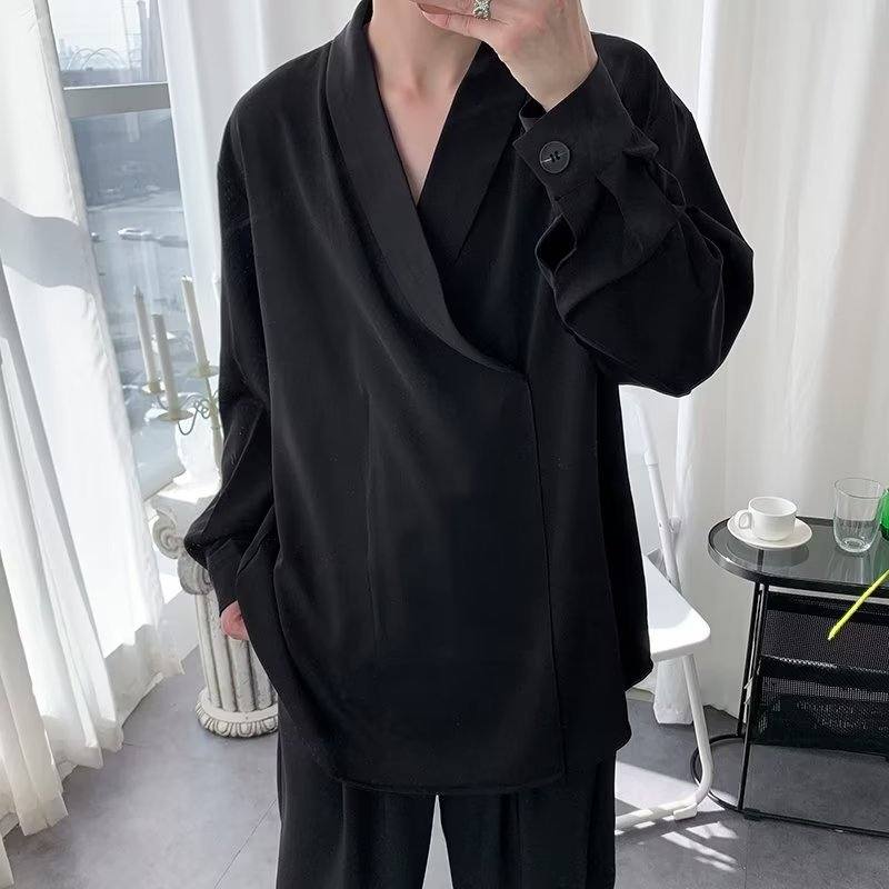 黒 シャツ メンズ長袖 シンプル ファッション 定番 フェミニン 一般 一般 Vネック プルオーバー 無地 なしシャツ