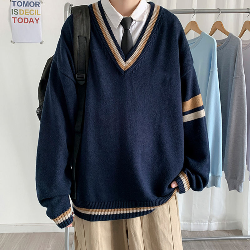 長袖 シンプル カジュアル 韓国系 一般 一般 Vネック プルオーバー 切り替え 配色 トラッドセーター