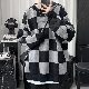 【韓国フアッション】ニット 長袖 ファッション カジュアル ラウンドネック プルオーバー 切り替え チェック柄 配色 セーター