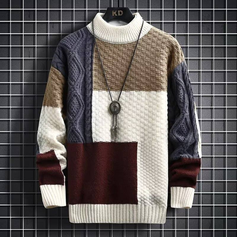  ニット 長袖 ファッション カジュアル 一般 一般 春 冬 秋 ハイネック プルオーバー 切り替え 配色セーター