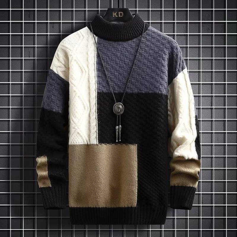  ニット 長袖 ファッション カジュアル 一般 一般 春 冬 秋 ハイネック プルオーバー 切り替え 配色セーター