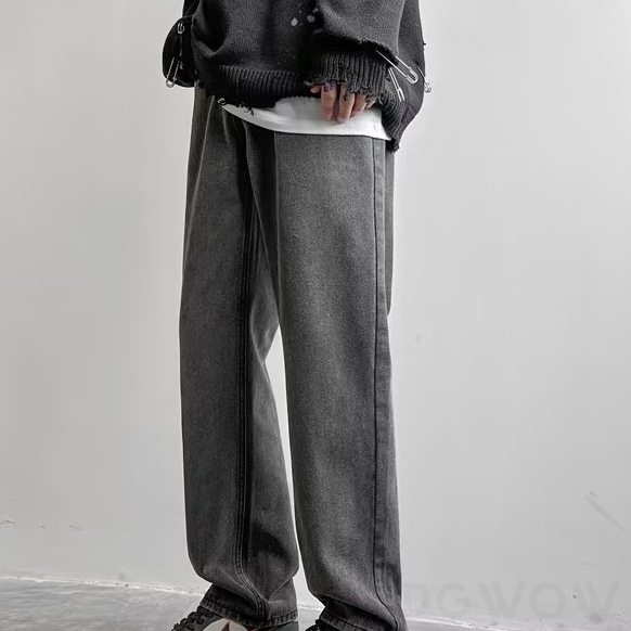 ファッション カジュアル レトロ ストリート系 韓国系 ファスナー レギュラーウエスト レギュラー丈 無地デニムパンツ