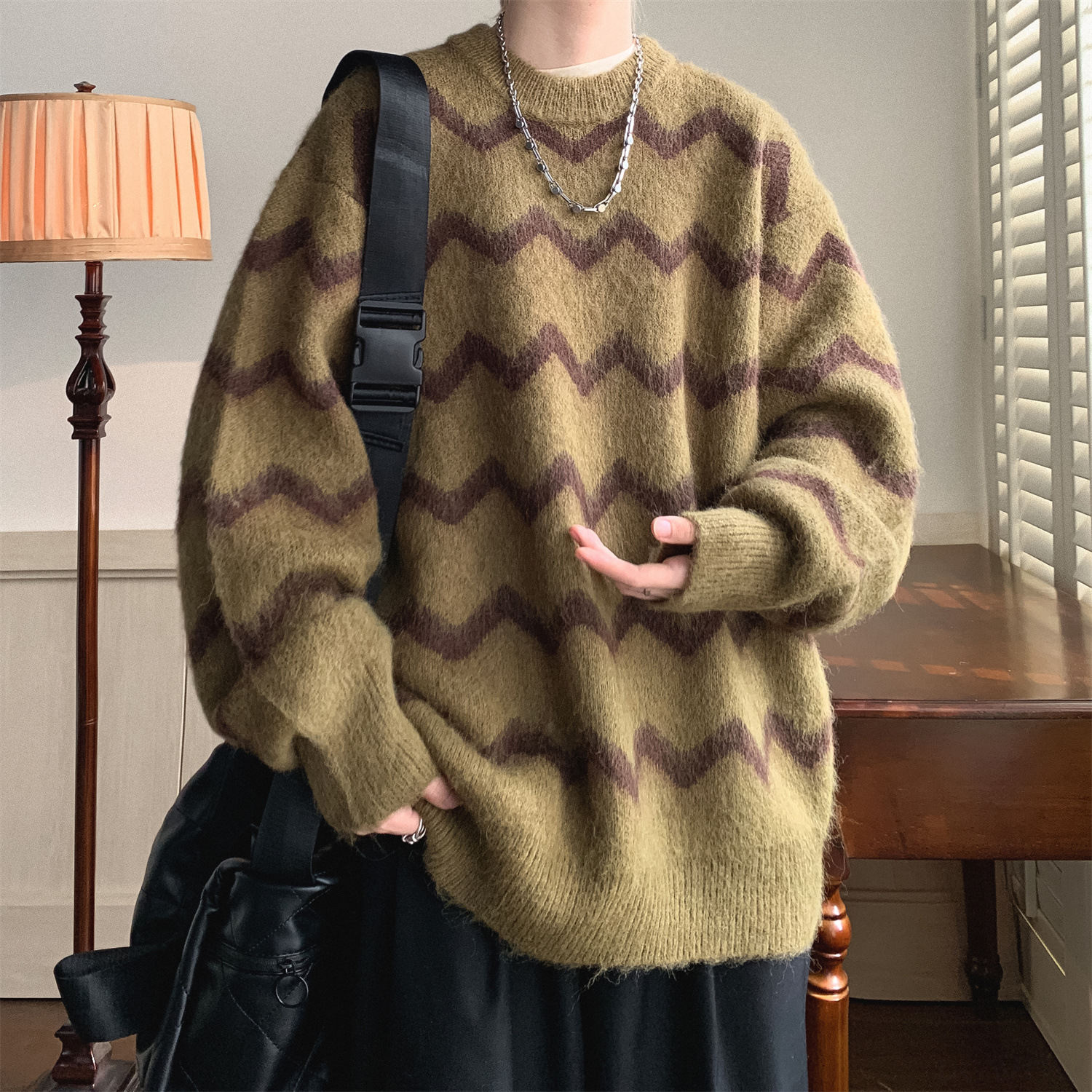 長袖 シンプル 一般 一般 ラウンドネック プルオーバー 切り替え 配色セーター