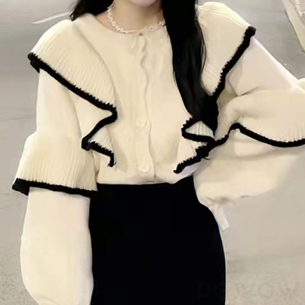 ニット長袖ファッションスウィート韓国系ラウンドネックプルオーバー切り替えギャザー配色ガーリッシュモードアンプルライン上品見え大きめのサイズ感デート防寒セーター・カットソー