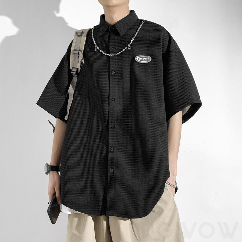 シャツ メンズ 半袖 シンプル カジュアル レトロ 韓国系 一般 一般 折り襟 ボタン 無地 なしシャツ