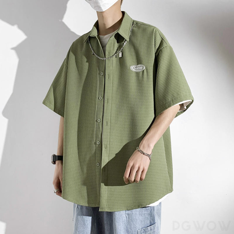 シャツ メンズ 半袖 シンプル カジュアル レトロ 韓国系 一般 一般 折り襟 ボタン 無地 なしシャツ