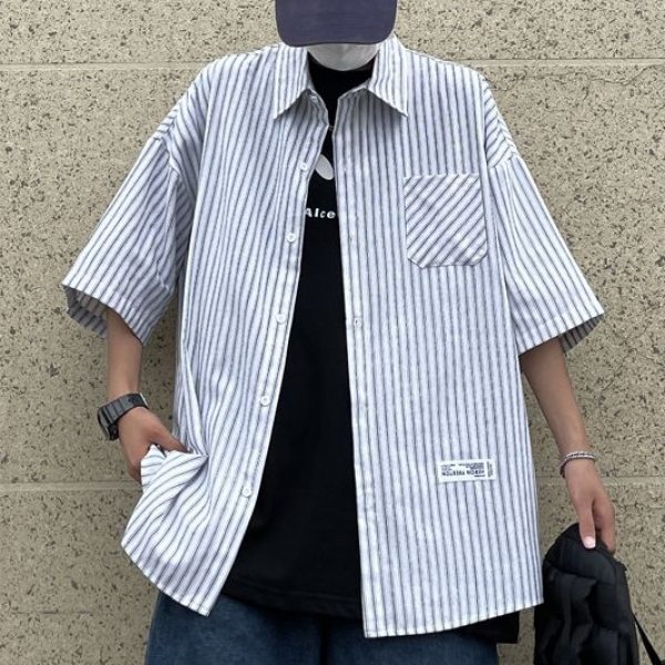 【お買い得】シャツ メンズファッション 人気 ストリート系 トストライプ柄 折り襟 シングルブレスト 五分袖 韓国 夏服