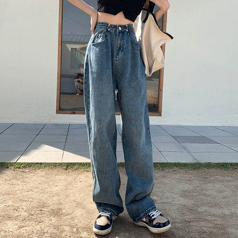 シンプル 韓国ファッション オシャレ 服 春 服 レギュラーウエスト ロング丈 無地 大きめのサイズ感デニムパンツ