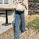 シンプル 韓国ファッション オシャレ 服 春 服 レギュラーウエスト ロング丈 無地 大きめのサイズ感デニムパンツ