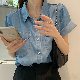 カジュアル・シフォンブラウス無地シンプルボタン半袖折り襟ファッション夏 服一般一般韓国ファッション オシャレ 服シングルブレストデニム