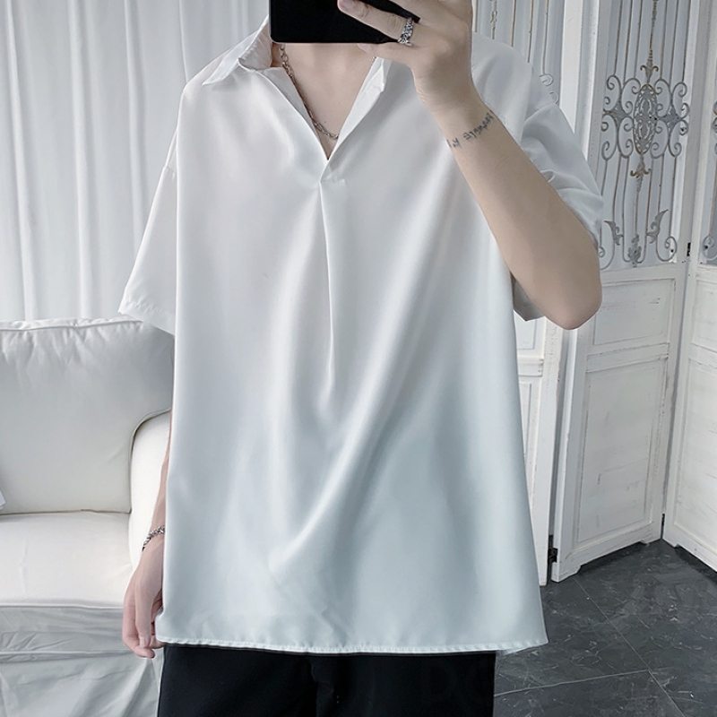 シャツ シンプル 韓国ファッション オシャレ 服 夏 服 メンズ ポリエステル 半袖 一般 一般 折り襟 プルオーバー なし 無地