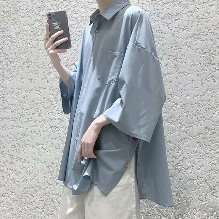 【おしゃれ度アップ】シャツ メンズファッション 人気 カッコイイ 七分袖 折り襟 シングルブレスト スリット 無地 韓国ファッション
