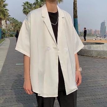 スーツ ボタン 折り襟 無地 ファッション 夏 服 メンズ シンプル 韓国ファッション オシャレ 服 ポリエステル 五分袖 一般