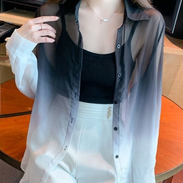 シャツカーディガンシンプル韓国ファッション オシャレ 服ポリエステル長袖折り襟シングルブレストボタングラデーション色