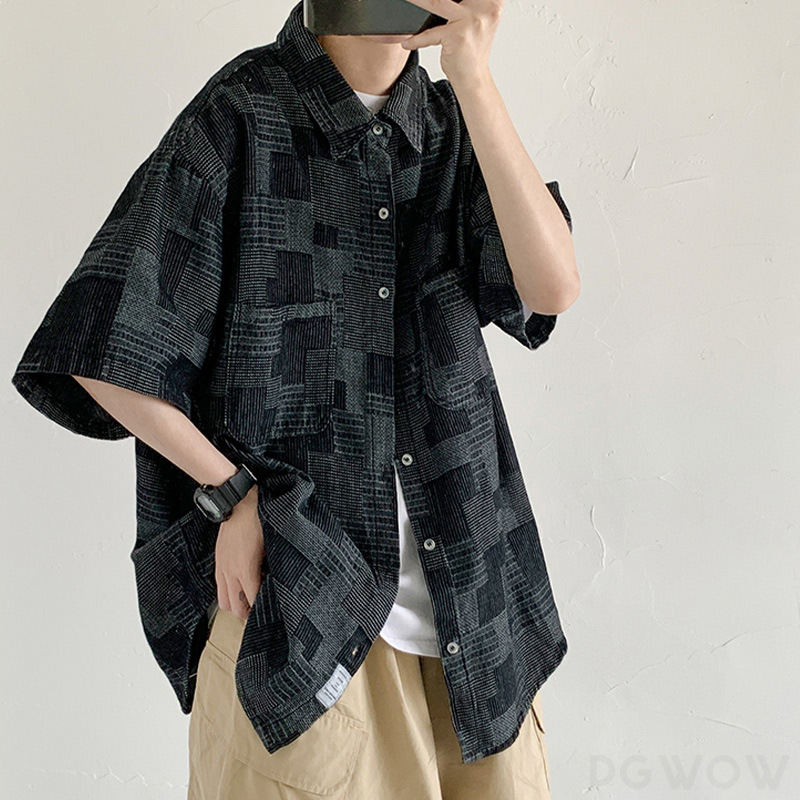カーディガン ファッション カジュアル 韓国ファッション オシャレ 服 夏 服 メンズ ポリエステル 五分袖   折り襟 ボタン ボタン 配色 プリント