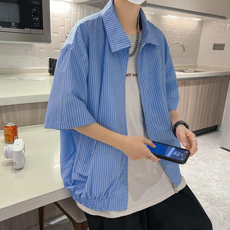 シャツ シンプル ファッション カジュアル 韓国ファッション オシャレ 服 夏 服 ポリエステル 半袖 一般 折り襟 ジッパー なし ストライプ柄