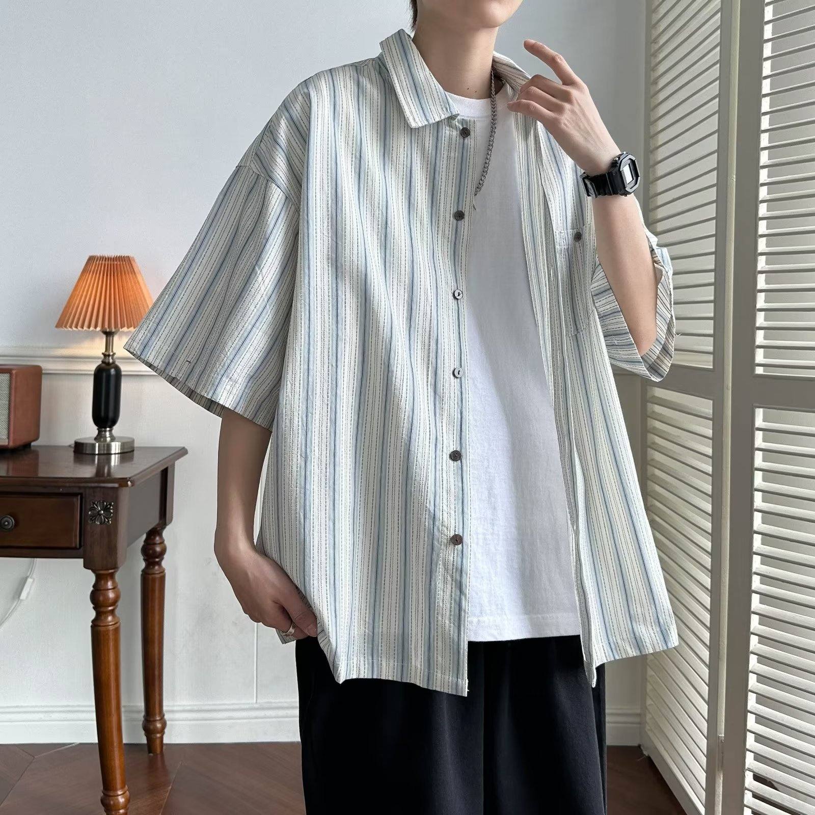 カーディガン カジュアル 韓国ファッション オシャレ 服 ファッション 夏 服 メンズ ポリエステル 五分袖 一般 一般 折り襟 ボタン ボタン ストライプ柄 配色