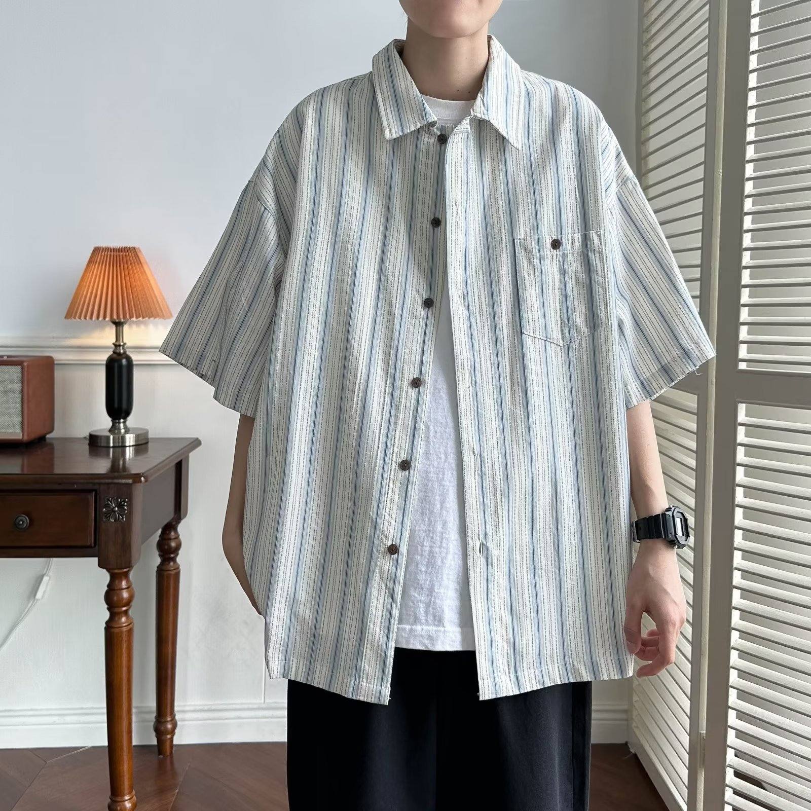カーディガン カジュアル 韓国ファッション オシャレ 服 ファッション 夏 服 メンズ ポリエステル 五分袖 一般 一般 折り襟 ボタン ボタン ストライプ柄 配色