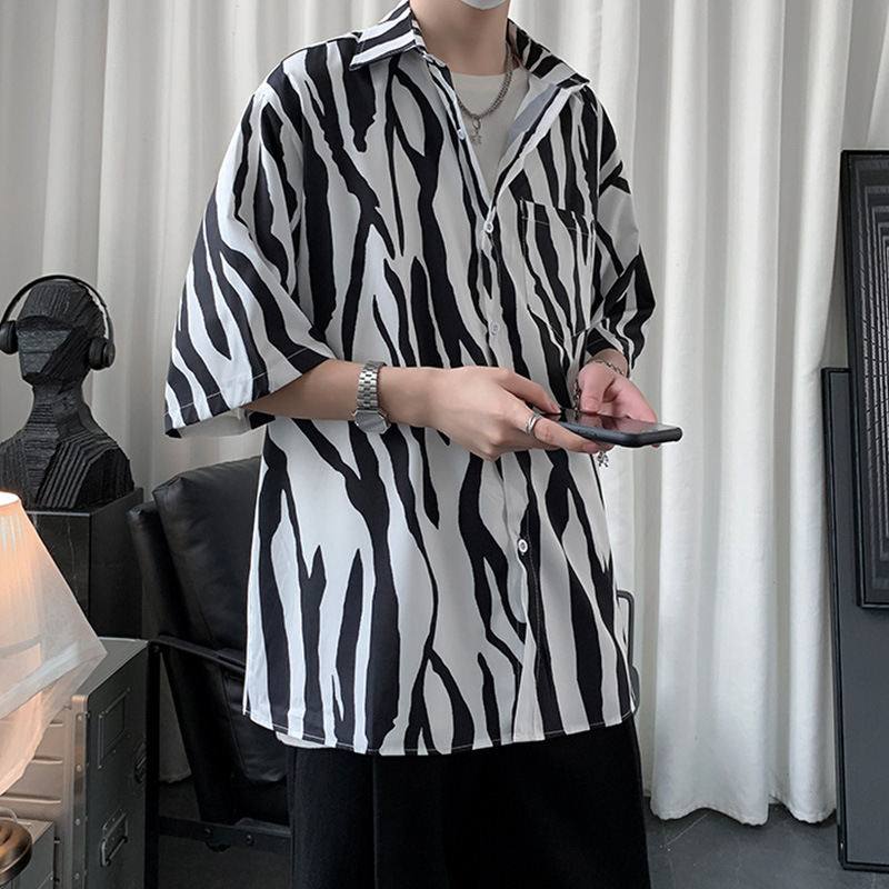 カーディガン ポリエステル カジュアル ボタン メンズ プリント 一般 韓国ファッション オシャレ 服 夏 服 五分袖 折り襟 ボタン 一般