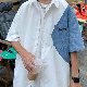 シャツ シンプル 韓国ファッション オシャレ 服 夏 服 ポリエステル デニム 五分袖 一般 一般 折り襟 シングルブレスト ボタン 切り替え 配色