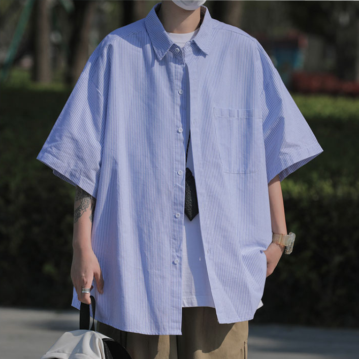 シャツ シンプル カジュアル 韓国ファッション オシャレ 服 春夏 メンズ  半袖   折り襟 シングルブレスト  ストライプ柄