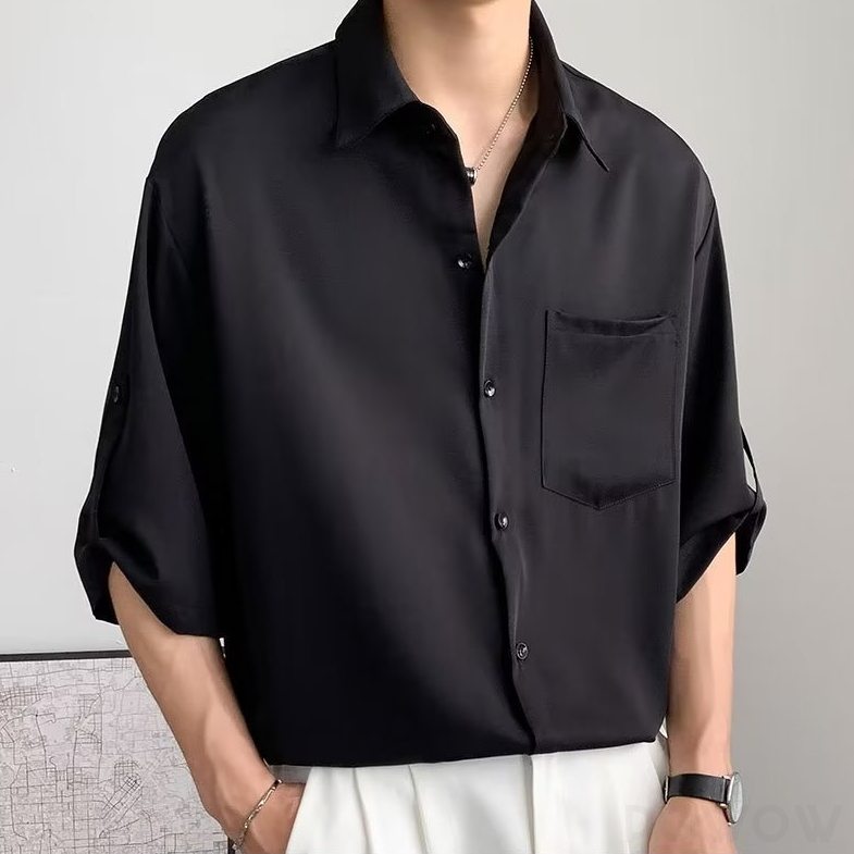 【定番シンプル】シャツ メンズファッション 人気 韓国ファッション オシャレ 七分袖 折り襟 シングルブレスト 無地