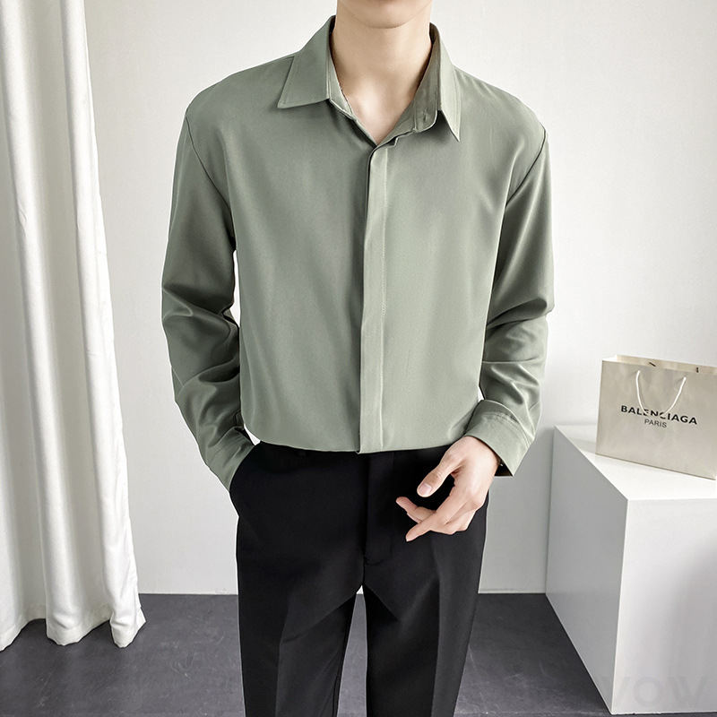 シャツ 無地 一般 折り襟 秋  服 一般 韓国ファッション オシャレ 服 メンズ ポリエステル シングルブレスト ボタン シンプル 長袖