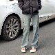 デニムパンツ韓国ファッション オシャレ 服ボタン無地ハイウエストシンプルロング丈カジュアルストリート系ファッションオールシーズンデニム