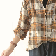 カジュアルシャツ・シフォンブラウス 長袖  耐久性 秋  服 折り襟 シングルブレスト 大きめのサイズ感  チェック柄 体型をカバー