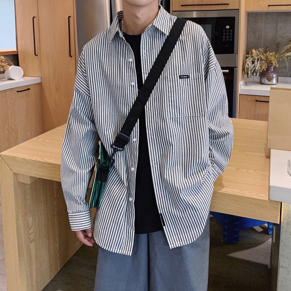 シャツシンプルファッションカジュアル韓国ファッション オシャレ 服混紡長袖POLOネックシングルブレストボタンストライプ柄