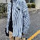シャツシンプルファッションカジュアル韓国ファッション オシャレ 服混紡長袖POLOネックシングルブレストボタンストライプ柄