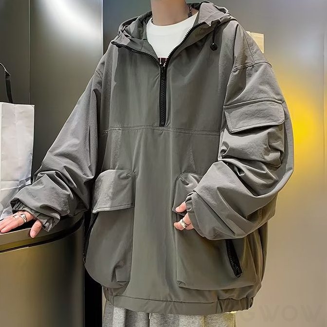 ジャケット シンプル 韓国ファッション オシャレ 服 秋  服 メンズ ポリエステル 長袖 一般 一般 フード付き ファスナー 無地