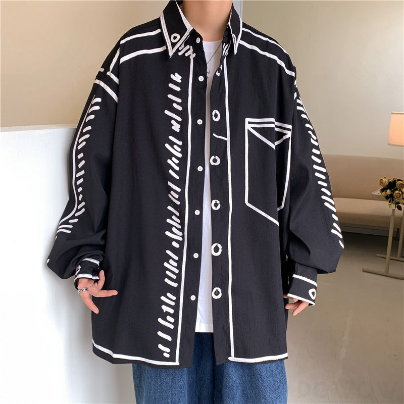 シャツシンプル韓国ファッション オシャレ 服長袖折り襟シングルブレストボタン落書き