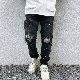 デニムパンツファッションストリート系韓国ファッション オシャレ 服デニムダメージ加工レギュラーウエストロング丈プリント