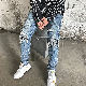 デニムパンツファッションストリート系韓国ファッション オシャレ 服デニムダメージ加工レギュラーウエストロング丈プリント