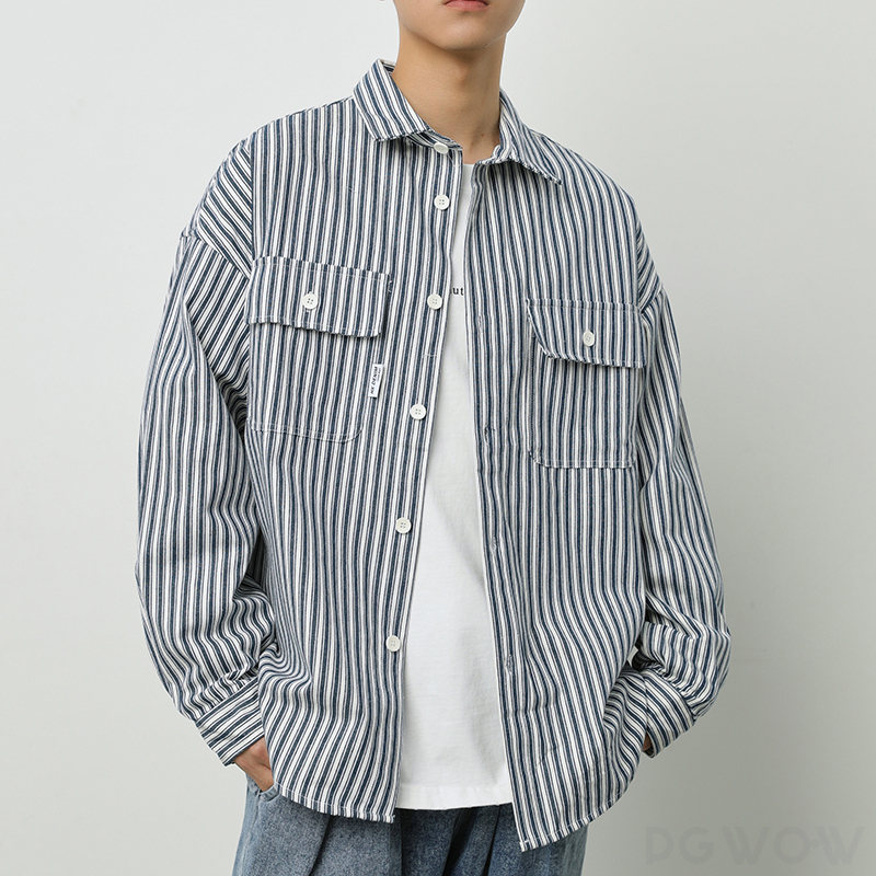 シャツ ファッション カジュアル 韓国ファッション オシャレ 服 シンプル 春秋 コットン 長袖 一般 折り襟 なし ストライプ柄