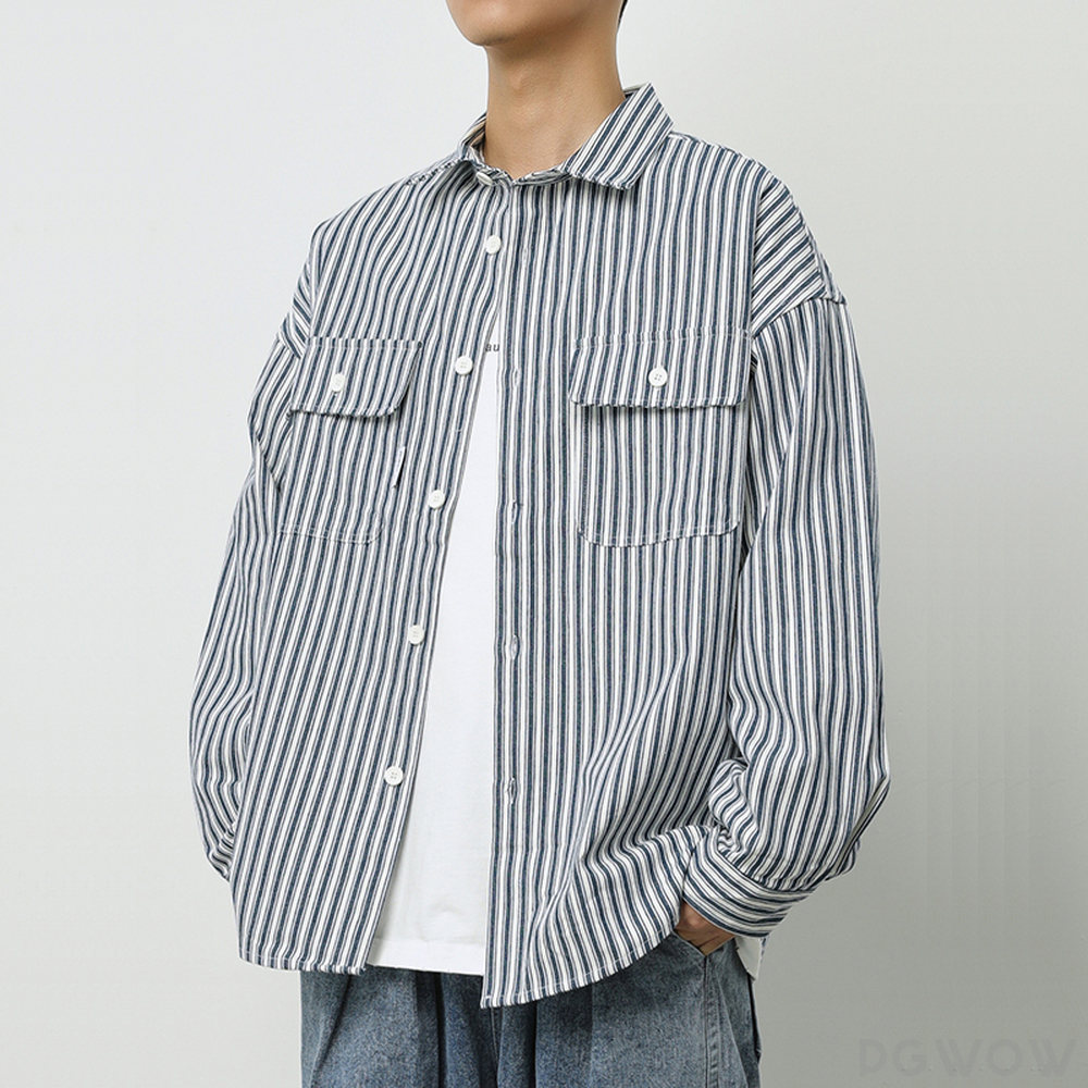 シャツ ファッション カジュアル 韓国ファッション オシャレ 服 シンプル 春秋 コットン 長袖 一般 折り襟 なし ストライプ柄