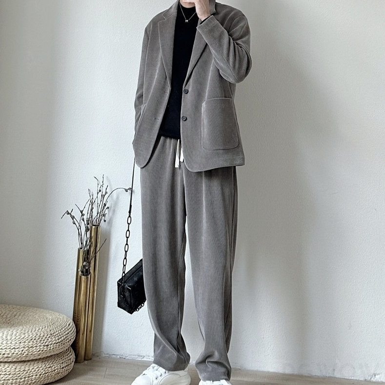 セットアップ韓国ファッション オシャレ 服メンズ折り襟シングルブレスト切り替え20~40代無地ポリエステルレトロ