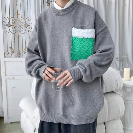 セーター 韓国ファッション オシャレ 服 秋冬 メンズ ラムウール 長袖 一般 一般 ラウンドネック プルオーバー 切り替え 配色