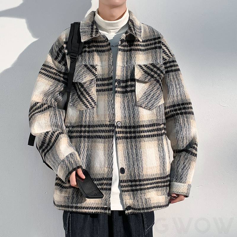 人気高い ジャケット 韓国系 ファッション レトロ 配色 チェック柄 シングルブレスト 折り襟 胸ポケット ラシャ ゆったり 秋冬 メンズ ジャケット