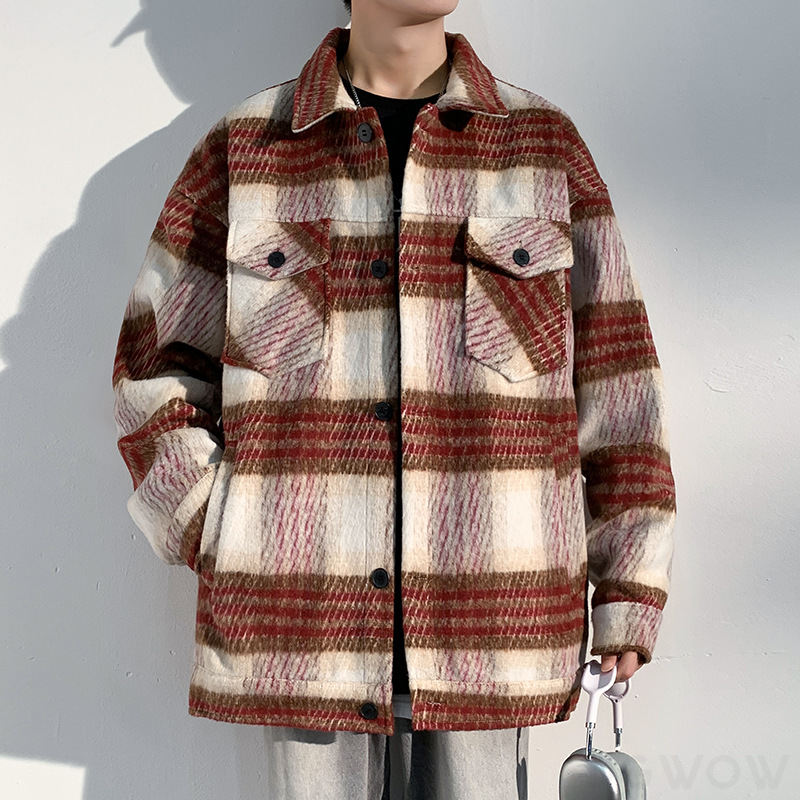 人気高い ジャケット 韓国系 ファッション レトロ 配色 チェック柄 シングルブレスト 折り襟 胸ポケット ラシャ ゆったり 秋冬 メンズ ジャケット