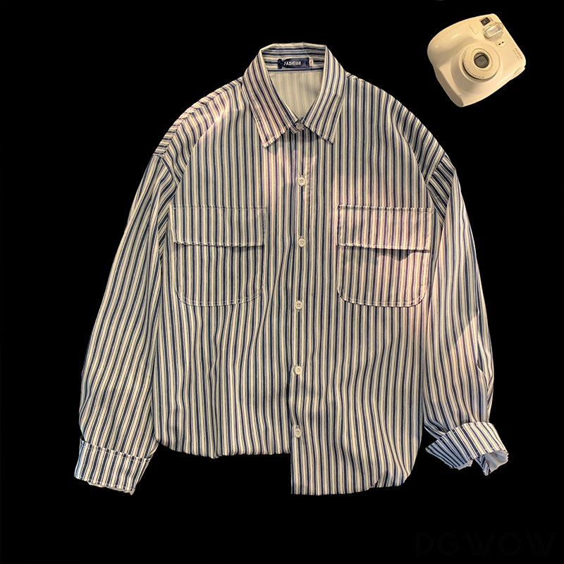 シャツ シングルブレスト   秋冬 ストライプ柄 ショート丈 メンズ POLOネック 長袖