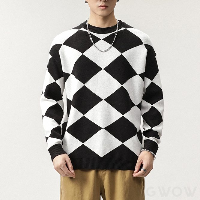 大流行新作 セーター 韓国系 ファッション カジュアル チェック柄 配色 ラウンドネック 秋冬 メンズ セーター