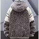 プラスサイズ 綿コート ファッション カジュアル 配色 プリント ボーダー ラムウール フード付き 秋冬 メンズ  綿コート